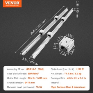 VEVOR  Σετ Οδηγών SBR16 1000mm, 2 Οδηγοί & 4 Συστοιχίες SBR16UU για...