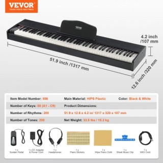VEVOR  88 Πλήκτρα Ψηφιακό Πιάνο με Βάρος, Διπλό Πληκτρολόγιο, Ηχεία...