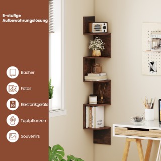 Costway Πενταώροφο Γωνιακό Ράφι Τοίχου σε Καφέ Απόχρωση JZ10377CF