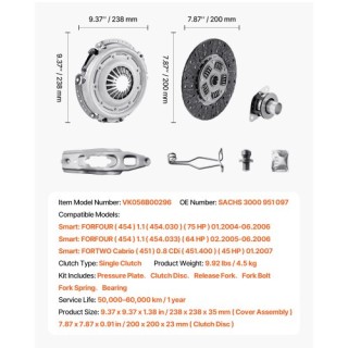 VEVOR Σετ Συμπλέκτη και Πιεστικής Πλάκας OEM Premium για Smart FORF...