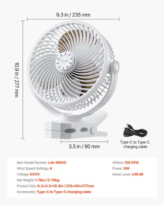 VEVOR Φορητός Επαναφορτιζόμενος Ανεμιστήρας Κλιπ USB με 3 Ταχύτητες...