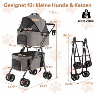 Costway Διπλό πτυσσόμενο καρότσι κατοικιδίων 3 σε 1 με 2 αποσπώμενε...