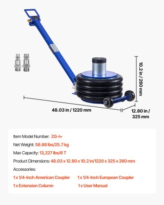 VEVOR Αεροβουλκανικό Υδραυλικό Γρύλο 6 Τόνων Με Τετραπλό Σάκο, Ανυψ...