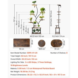 VEVOR Φωτιζόμενη Εσωτερική Σταντ Φυτών, Ύψος 157,5 εκ, 8 Επιπέδων Ρ...