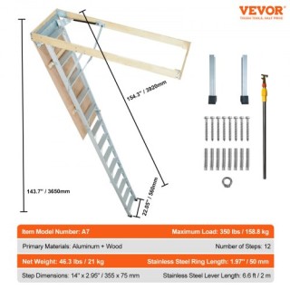 Πτυσσόμενη Σκάλα Σοφίτας VEVOR, 350lb, 22.5 x 63, Αλουμινίου, 9.5-1...