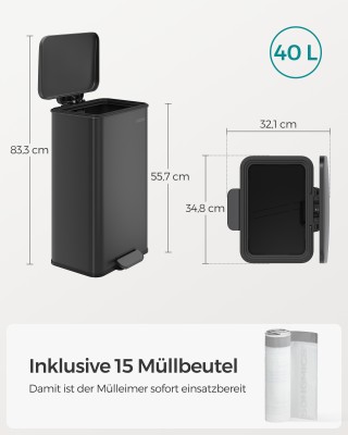 SONGMICS Ατσάλινος Κάδος Απορριμμάτων 40 Λίτρα με Καπάκι και 15 Σακ...