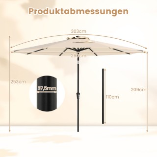 Costway Ομπρέλα Εξωτερικού Χώρου 303 εκ. Ρυθμιζόμενη Μπεζ NP12259BE