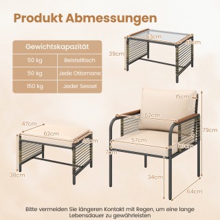 Costway Σετ Κήπου από Ρατάν με 2 Καρέκλες & Μαξιλάρια, Σκαμπό & Τρα...