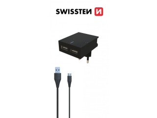 SWISSTEN Λεπτός Ταξιδιωτικός Φορτιστής, 3A, 2xUSB + Καλώδιο USB/USB... SWISSTEN Λεπτός Ταξιδιωτικός Φορτιστής, 3A, 2xUSB + Καλώδιο USB/USB...