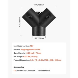 VEVOR Σύνδεσμος Θέρμανσης Ντίζελ 75mm, Αξεσουάρ 3 Δρόμων Y, για Σωλ...