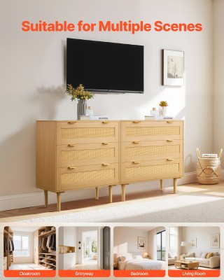 VEVOR Σύγχρονη Συρταριέρα 3 Συρταριών από Φυσικό Ρατάν με Μεταλλικά...