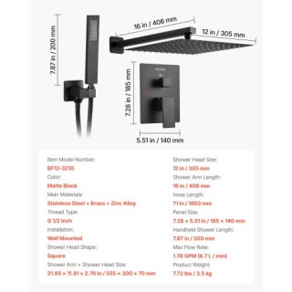 VEVOR Σετ Ντους με Τετράγωνο Κεφαλή Βροχής 12 και Χειρολαβή σε Μαύρ...