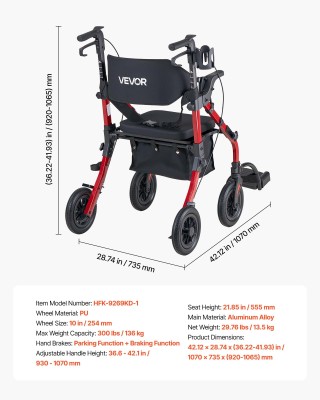 VEVOR Περιπατητήρας και Καροτσάκι 2 σε 1 για Ηλικιωμένους, Πτυσσόμε...
