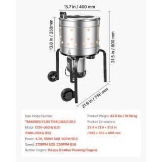 VEVOR Μηχάνημα Απομάκρυνσης Φτερών Πουλερικών, 400mm, 500W, 230RPM,... VEVOR Μηχάνημα Απομάκρυνσης Φτερών Πουλερικών, 400mm, 500W, 230RPM,...