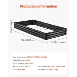 VEVOR Μεταλλικό Υπερυψωμένο Κρεβάτι Κήπου 8x4x1 ft Γαλβανισμένο Σκο...