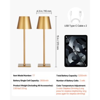 VEVOR Σετ 2 Χρυσά Ασύρματα Επιτραπέζια Φωτιστικά με Επαναφορτιζόμεν...