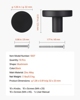 VEVOR Σετ 10 Μαύρων Στρογγυλών Χερουλιών Ø32 mm από Κράμα Ψευδαργύρ...