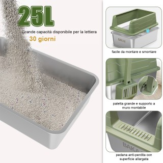 BAKAJI Πράσινη Ατσάλινη Λεκάνη Γάτας με Τάπητα, 50 x 35 x 15 εκ. Χω...