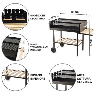 Galileo Ορθογώνια ψησταριά από ανθρακοχάλυβα με ρόδες, ξύλινα ράφια...