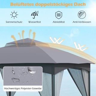 Costway Γκρι Κήπος Κιόσκι 3x3m με Κουνουπιέρα, Διπλή Οροφή και Αδιά...