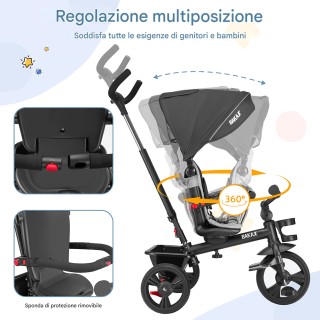 BAKAJI Παιδικό Τρίκυκλο 5 σε 1 Μαύρο με Κουκούλα, Πεντάλ και Εργονο...