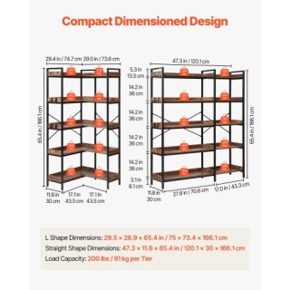 VEVOR Γωνιακή Βιβλιοθήκη 5 Επιπέδων 75 x 73.4 x 166.1 cm με Μεταλλι...