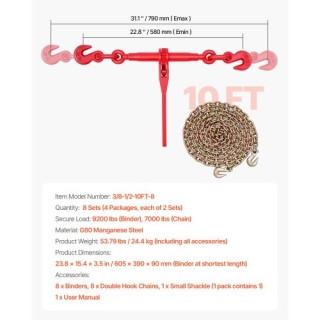 VEVOR Δετικό Αλυσίδας με Καστάνια 3/8 x 10 G80 για Μεταφορά Φορτίου...