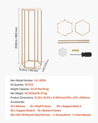 VEVOR Χρυσή Εξαγωνική Ανθοστήλη - Σετ 10 Τεμαχίων για Γάμο & Εκδηλώ...