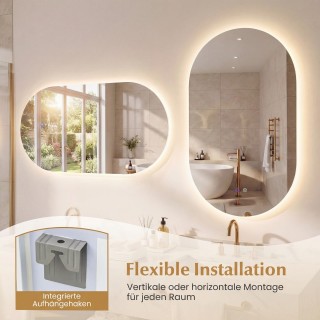 Costway Φωτιζόμενος Καθρέφτης 90 x 55 cm για Τοίχο Μπάνιου, Πίσω Φω...