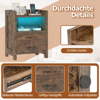 Costway Κομοδίνο με LED Φώτα & Σταθμό Φόρτισης με 2 Συρτάρια & Ανοι...