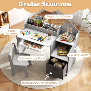 Costway Σετ Παιδικό Γραφείο & Καρέκλα με Ανοιχτά Ράφια, Συρτάρι & Υ...