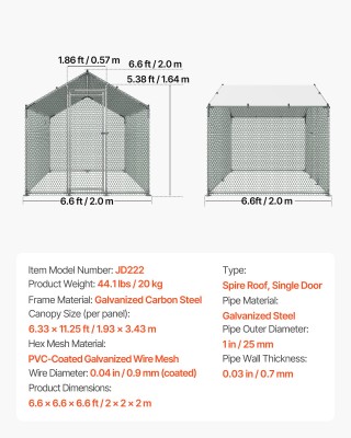 VEVOR Μεταλλικός Κοτοτροφικός Χώρος 2x2x2μ, Περιφραγμένο Σπίτι Όρνι...