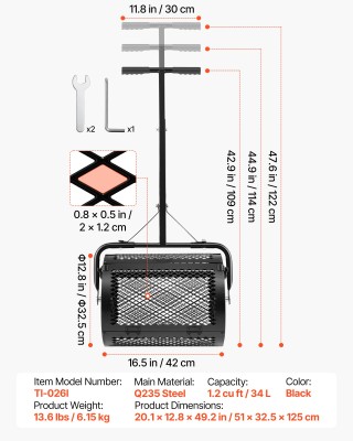 VEVOR Διανομέας Κομπόστ και Τύρφης 42 εκ. με λαβή Τ, ρυθμιζόμενο σε...
