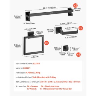 VEVOR Σετ Μαύρου Ματ Μπάνιου: 10τμχ, 2 Μπάρες 24 & Αξεσουάρ Τοίχου ...