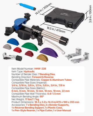 VEVOR Σετ Υδραυλικού Σωληνοκαμπτήρα 6-22 mm με 7 Χρωματιστούς Δίσκο...