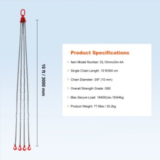Αλυσίδα Ανύψωσης 4 Σκέλη 3/8 x 10 VEVOR G80 με Γάντζους 18400 lbs  ...