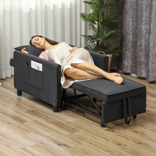 HOMCOM  Πολυθρόνα Κρεβάτι Ανακλινόμενη με Πλαϊνές Τσέπες, από Ύφασμ...