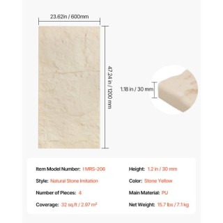 VEVOR Πάνελ Τοίχου 3D 4τμχ 48x24 PU Όψη Πέτρας Κίτρινο 32τ.π. Κάλυψ...