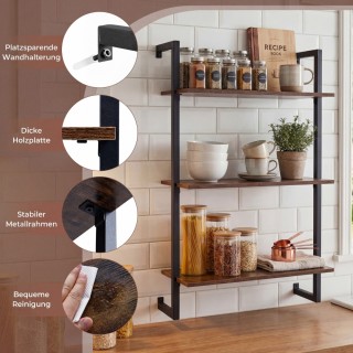 Costway Τριώροφο Επιτοίχιο Ράφι Κουζίνας με Μεταλλικό Σκελετό Καφέ,...
