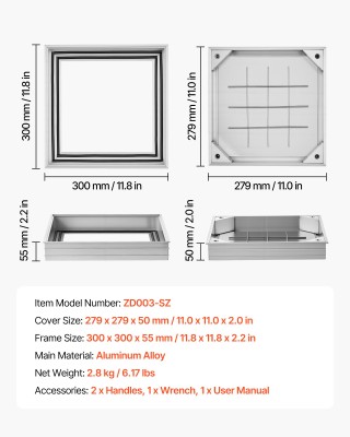 VEVOR Καπάκι Φρεατίου με Κάσα, 300 x 300mm Αθέατο Χωνευτό Κάλυμμα Ε...