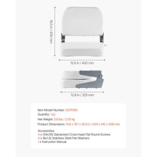 VEVOR Κάθισμα Βάρκας Αναδιπλούμενο με Χαμηλή Πλάτη και Λευκό Μαξιλά...