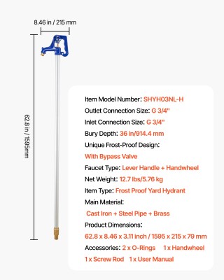 VEVOR Αντιπαγωτική Εξωτερική Βρύση Υδραυλικής Στήλης 1595mm για Κήπ...