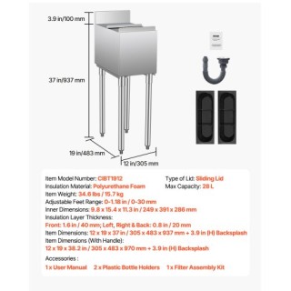 VEVOR Επαγγελματικός Κάδος Πάγου 28L με Συρόμενο Καπάκι και Θήκες Μ...