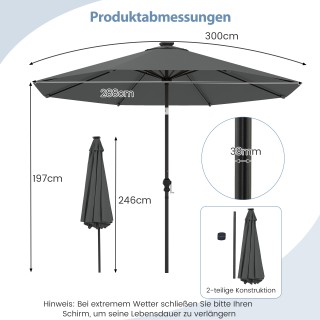 Costway Γκρι Ηλιακή Ομπρέλα 300 εκ με 9 LED Φωτισμούς και Μανιβέλα ...