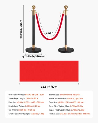 VEVOR Σετ Σταθμών Ελέγχου 6 τμχ με Κόκκινο Χαλί, 4 Κόκκινους Βελούδ...