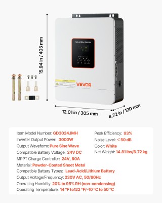 VEVOR Υβριδικός Ηλιακός Αντιστροφέας 3000W, 24V DC σε 230V AC, Καθα...