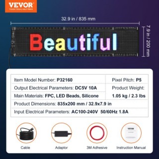 Προγραμματιζόμενη LED Πινακίδα VEVOR 83.5x20cm P5 Πλήρους Χρώματος ...