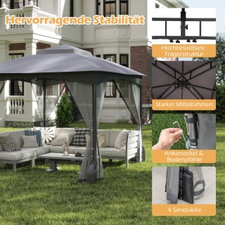 Costway Γκρι Κήπος Κιόσκι 3x3m με Κουνουπιέρα, Διπλή Οροφή και Αδιά...