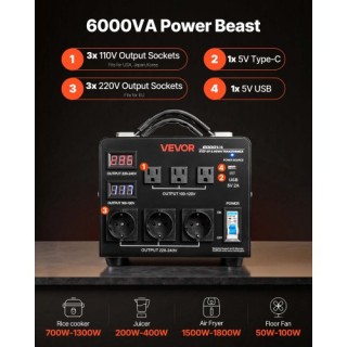 VEVOR Μετασχηματιστής Ισχύος Heavy Duty 6000VA, 110V/220V, 3 US & 3... VEVOR Μετασχηματιστής Ισχύος Heavy Duty 6000VA, 110V/220V, 3 US & 3...