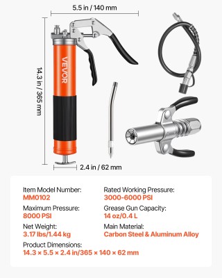 VEVOR Πιστόλι Γράσου 8000 PSI με Δοχείο 0,4 Λ και Εύκαμπτο Σωλήνα 4...
